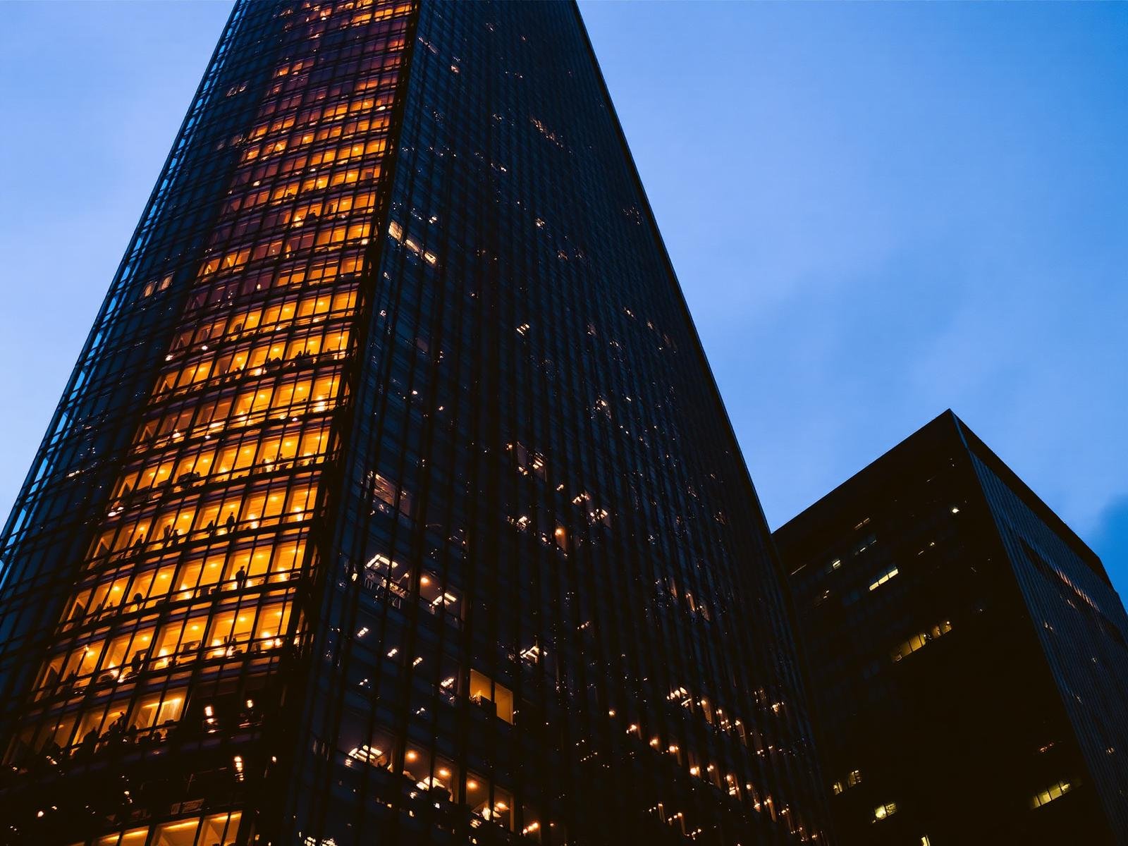 Institutional-grade commercial building at dusk